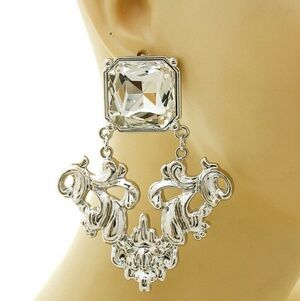 Rhodium Clear Stone Drop Earrings